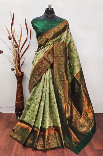 Pista green soft silk blend banarasi jacuard work designer party wear saree with unstitched blouse piece