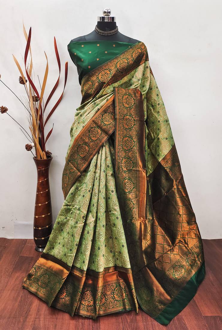 Pista green soft silk blend banarasi jacuard work designer party wear saree with unstitched blouse piece