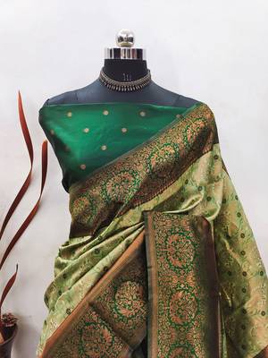 Pista green silk blend banarasi saree with unstitched blouse piece 2