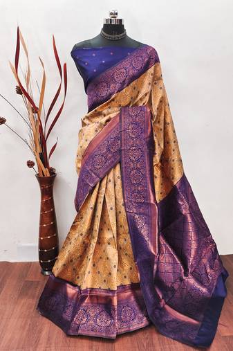 Crem neavy blue soft silk blend banarasi jacuard work designer party wear saree with unstitched blouse piece