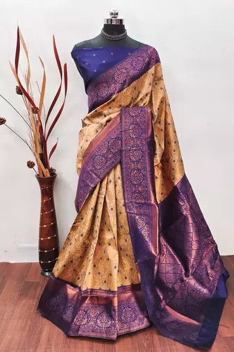 Crem neavy blue soft silk blend banarasi jacuard work designer party wear saree with unstitched blouse piece