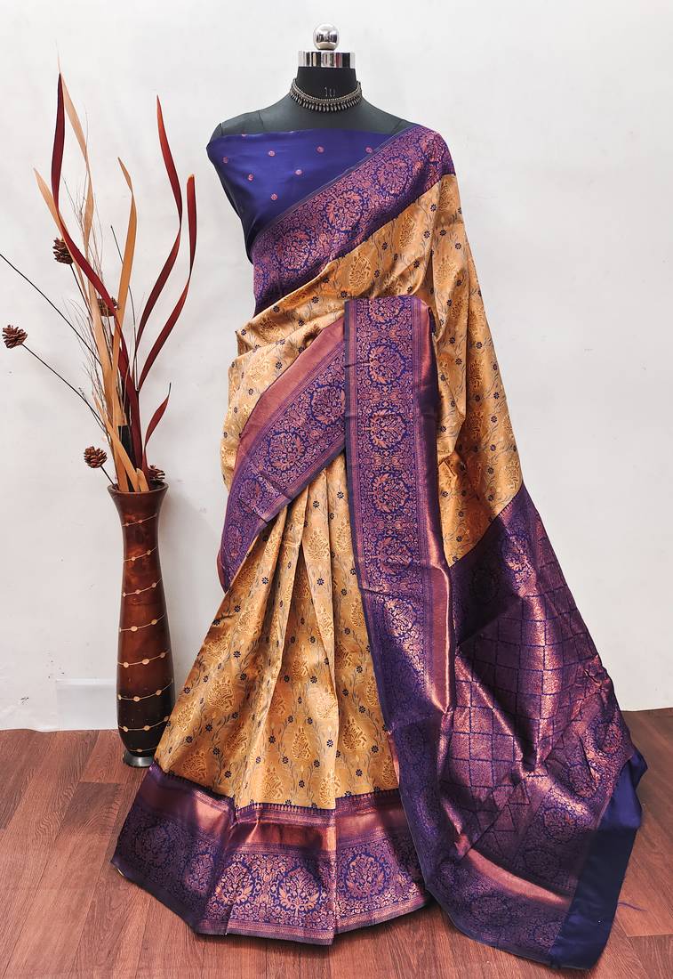 Crem neavy blue soft silk blend banarasi jacuard work designer party wear saree with unstitched blouse piece