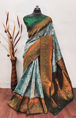 Sea green silk blend banarasi saree with unstitched blouse piece 1