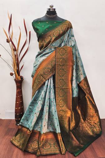 Sea green soft silk blend banarasi jacuard work designer party wear saree with unstitched blouse piece