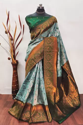 Sea green soft silk blend banarasi jacuard work designer party wear saree with unstitched blouse piece