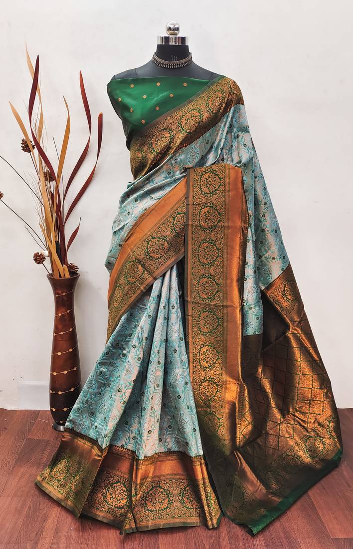 Sea green soft silk blend banarasi jacuard work designer party wear saree with unstitched blouse piece