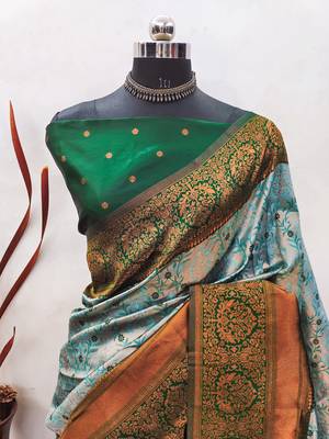 Sea green silk blend banarasi saree with unstitched blouse piece 2