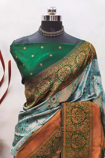 Sea green silk blend banarasi saree with unstitched blouse piece