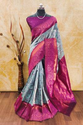 Sky blue pink silk blend banarasi saree with unstitched blouse piece 1
