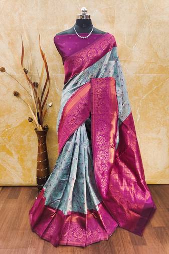 Sky blue pink soft silk blend banarasi jacuard work designer party wear saree with unstitched blouse piece