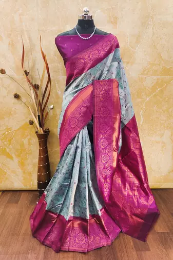 Sky blue pink soft silk blend banarasi jacuard work designer party wear saree with unstitched blouse piece