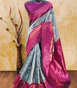 Sky blue pink soft silk blend banarasi jacuard work designer party wear saree with unstitched blouse piece