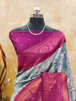 Sky blue pink silk blend banarasi saree with unstitched blouse piece 2