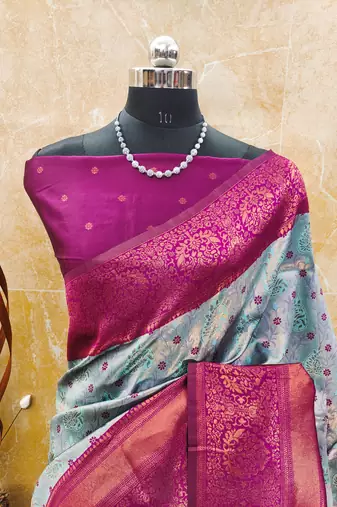 Sky blue pink silk blend banarasi saree with unstitched blouse piece