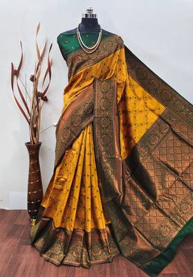 Lemon green silk blend banarasi saree with unstitched blouse piece 1