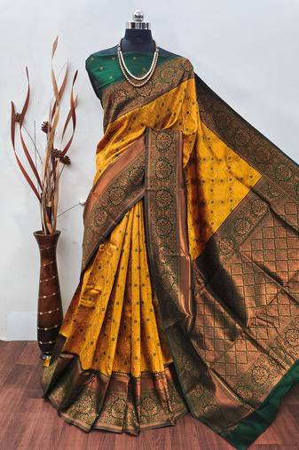 Lemon green soft silk blend banarasi jacuard work designer party wear saree with unstitched blouse piece