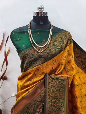 Lemon green silk blend banarasi saree with unstitched blouse piece 2