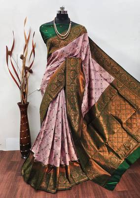 Light pink green silk blend banarasi saree with unstitched blouse piece 1