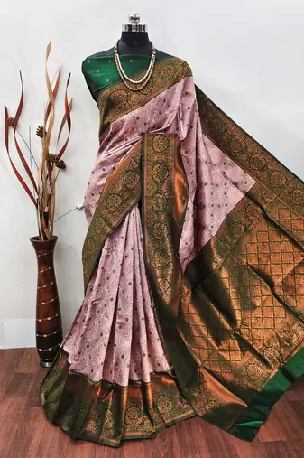 Light pink green soft silk blend banarasi jacuard work designer party wear saree with unstitched blouse piece