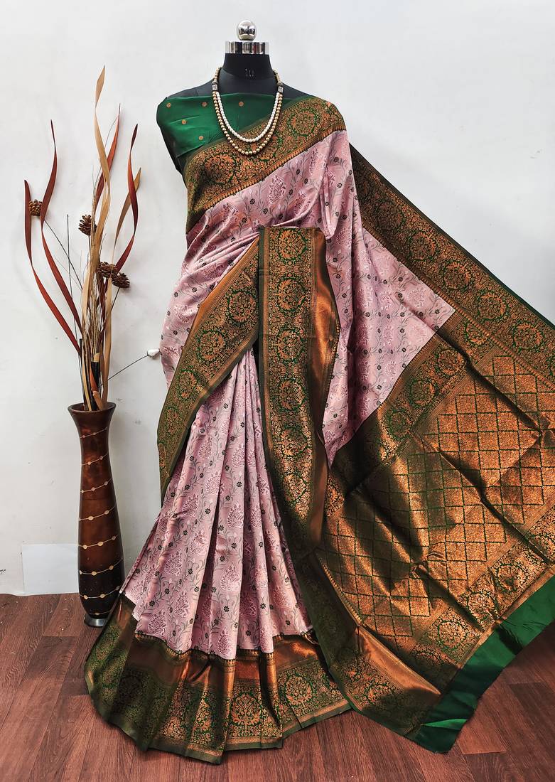Light pink green soft silk blend banarasi jacuard work designer party wear saree with unstitched blouse piece