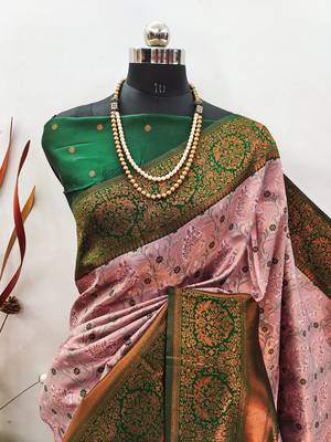 Light pink green silk blend banarasi saree with unstitched blouse piece 2