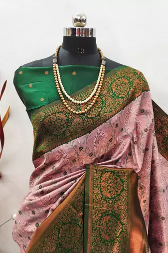 Light pink green silk blend banarasi saree with unstitched blouse piece