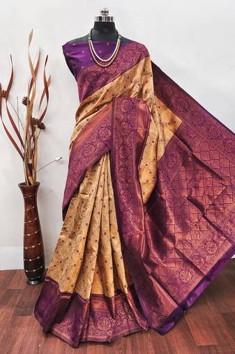 Pech wine soft silk blend banarasi jacuard work designer party wear saree with unstitched blouse piece