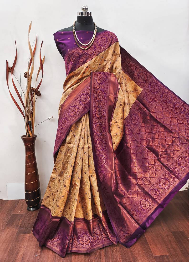 Pech wine soft silk blend banarasi jacuard work designer party wear saree with unstitched blouse piece