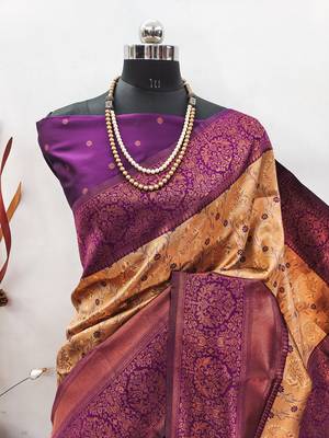 Pech wine silk blend banarasi saree with unstitched blouse piece 2