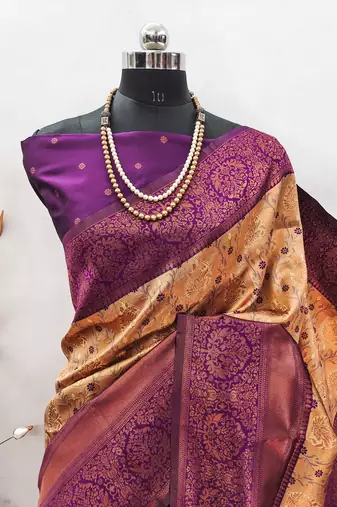 Pech wine silk blend banarasi saree with unstitched blouse piece