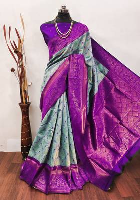 Sky blue purple silk blend banarasi saree with unstitched blouse piece 1