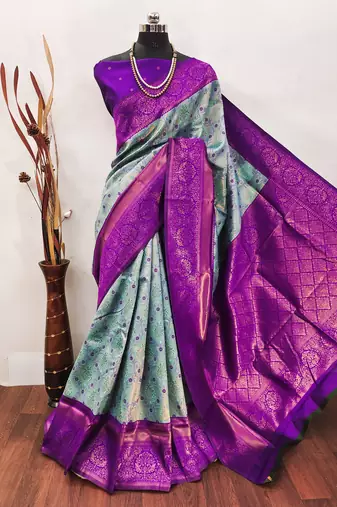 Sky blue purple soft silk blend banarasi jacuard work designer party wear saree with unstitched blouse piece