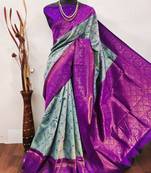Sky blue purple soft silk blend banarasi jacuard work designer party wear saree with unstitched blouse piece