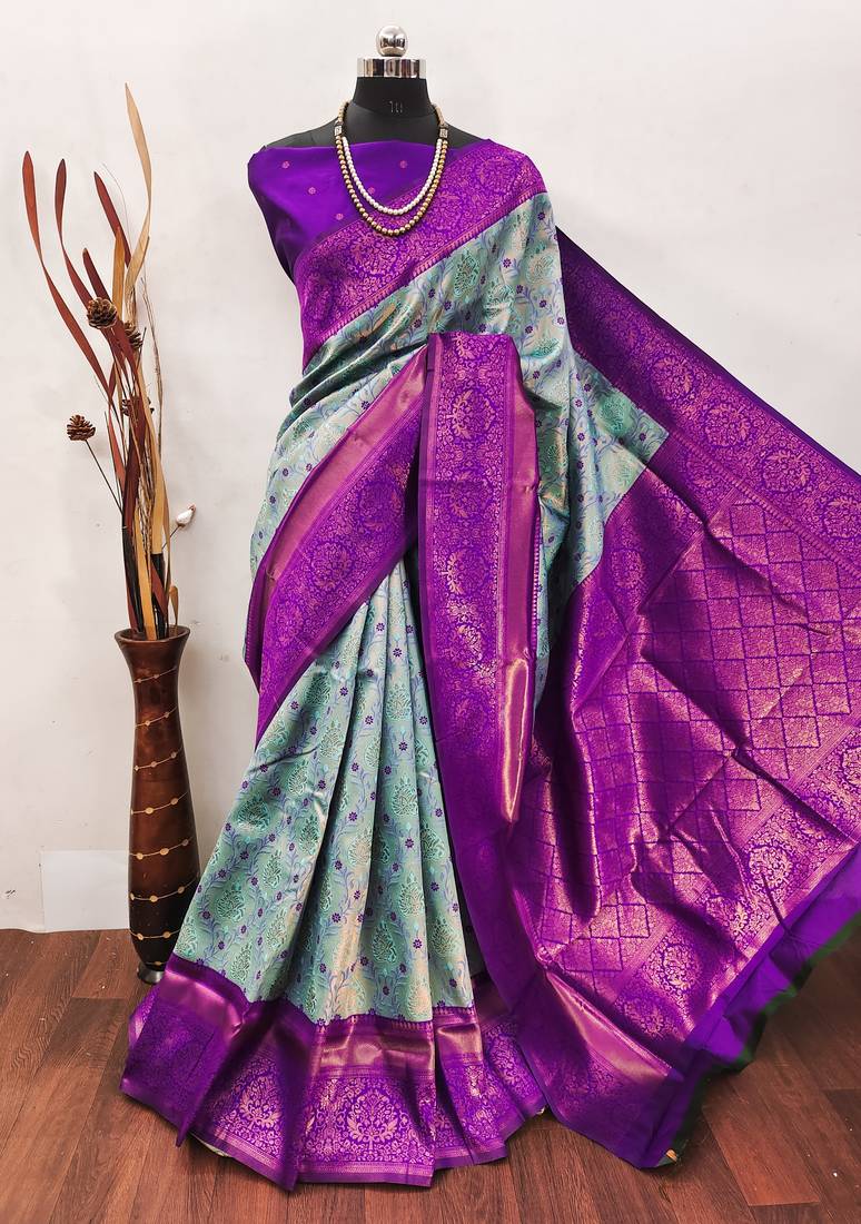 Sky blue purple soft silk blend banarasi jacuard work designer party wear saree with unstitched blouse piece