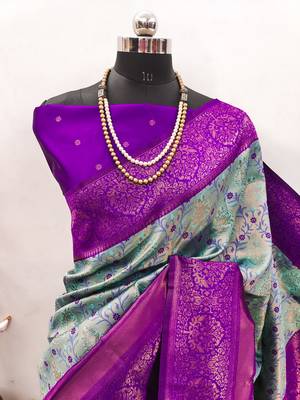 Sky blue purple silk blend banarasi saree with unstitched blouse piece 2