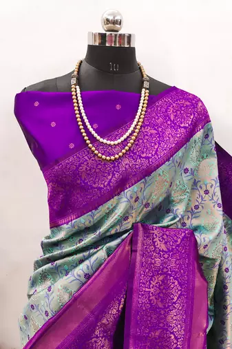 Sky blue purple silk blend banarasi saree with unstitched blouse piece