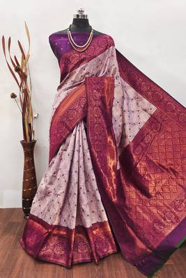 Wine silk blend banarasi saree with unstitched blouse piece 1