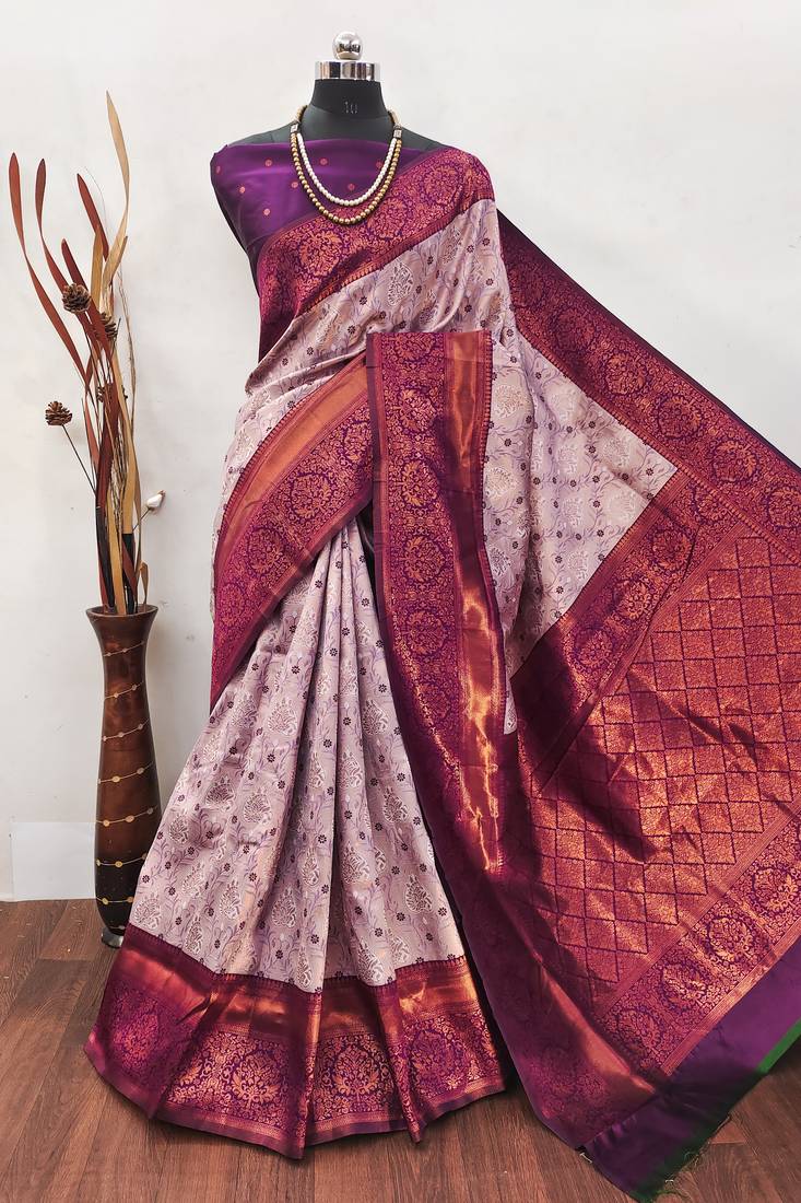 Wine soft silk blend banarasi jacuard work designer party wear saree with unstitched blouse piece