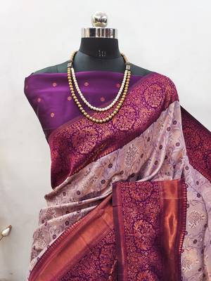 Wine silk blend banarasi saree with unstitched blouse piece 2