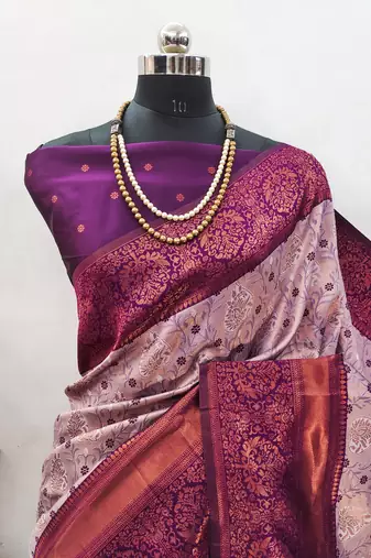 Wine silk blend banarasi saree with unstitched blouse piece
