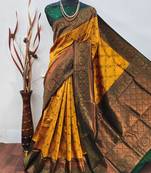 Yellow green soft silk blend banarasi jacuard work designer party wear saree with unstitched blouse piece