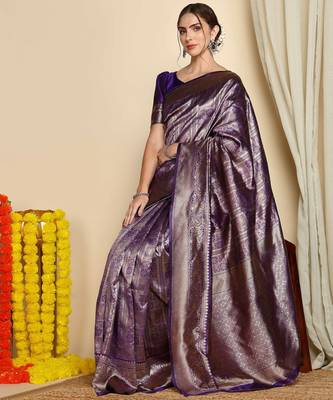 Purple silk blend banarasi saree with unstitched blouse piece 1