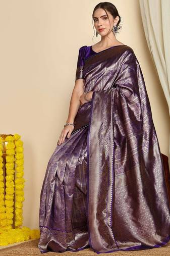 Purple soft silk blend banarasi jacuard work designer party wear saree with unstitched blouse piece