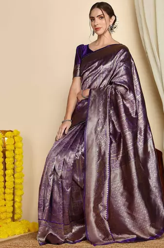 Purple soft silk blend banarasi jacuard work designer party wear saree with unstitched blouse piece