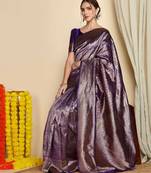 Purple soft silk blend banarasi jacuard work designer party wear saree with unstitched blouse piece