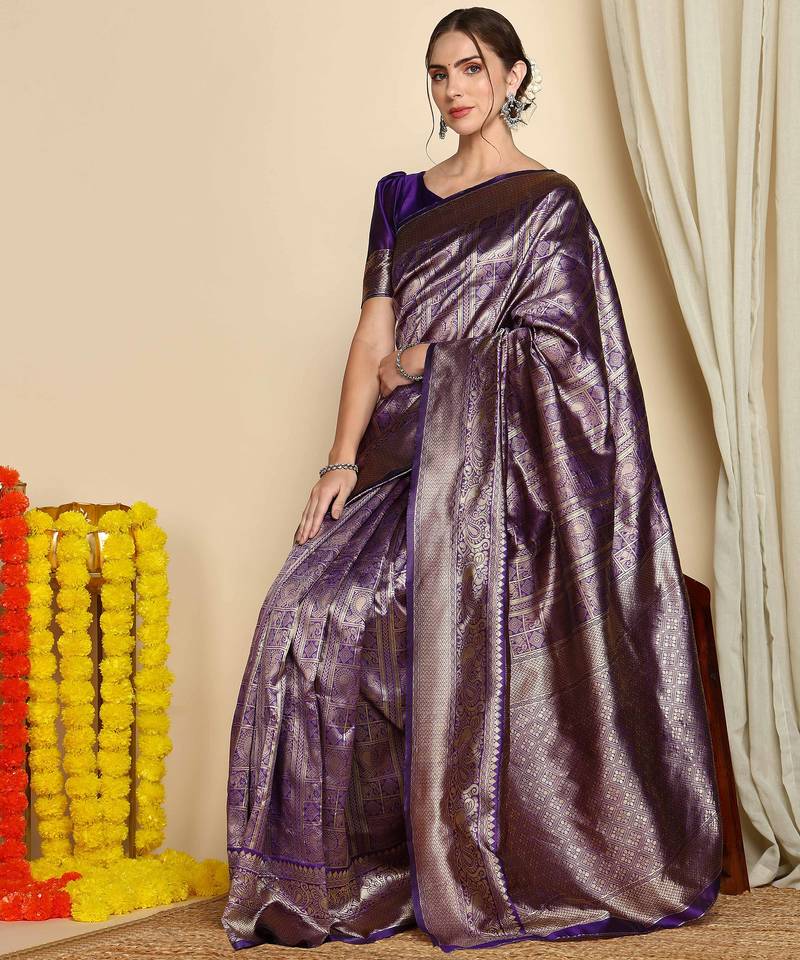 Purple soft silk blend banarasi jacuard work designer party wear saree with unstitched blouse piece