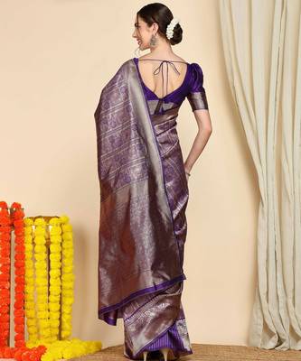 Purple silk blend banarasi saree with unstitched blouse piece 2