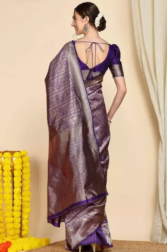 Purple silk blend banarasi saree with unstitched blouse piece