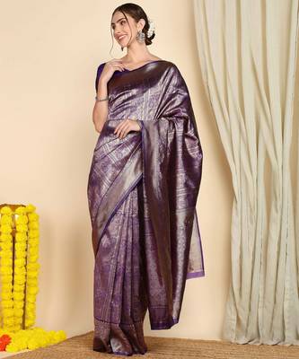 Purple silk blend banarasi saree with unstitched blouse piece 3