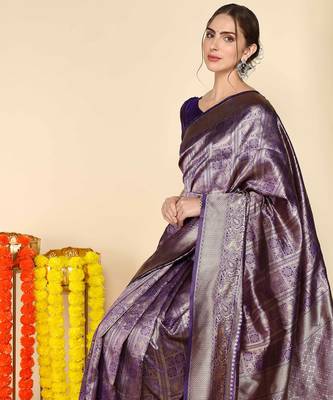 Purple silk blend banarasi saree with unstitched blouse piece 4